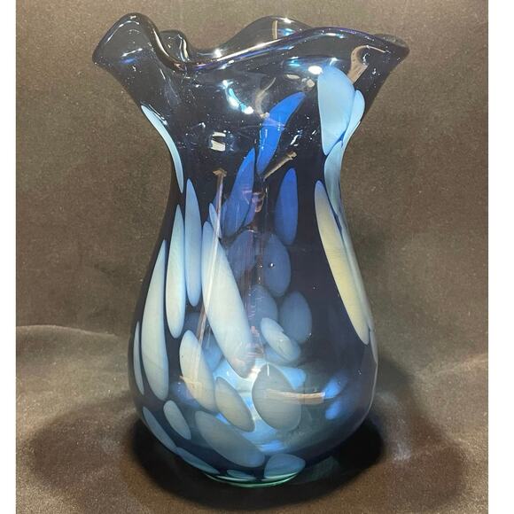 Hand Blown 9 in. Cobalt Blue Vase with White Accents - Picture 3 of 5